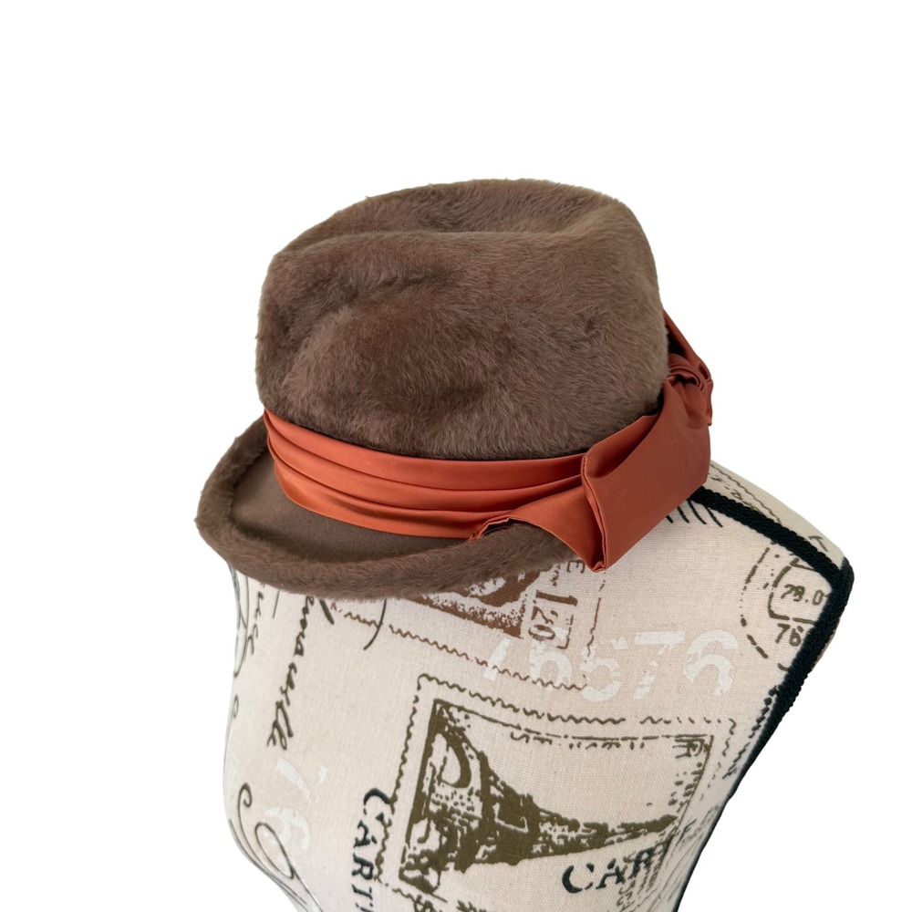 Mr Rickie Original Fur Felt Hat Womens M Brown 1960s Italy Satin Bow Mod Vintage